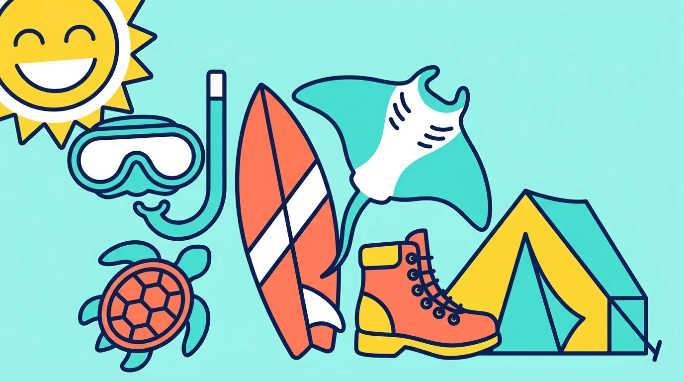 Illustrated collage of Ningaloo activities — snorkel, surf, hike, turtle, manta, camping