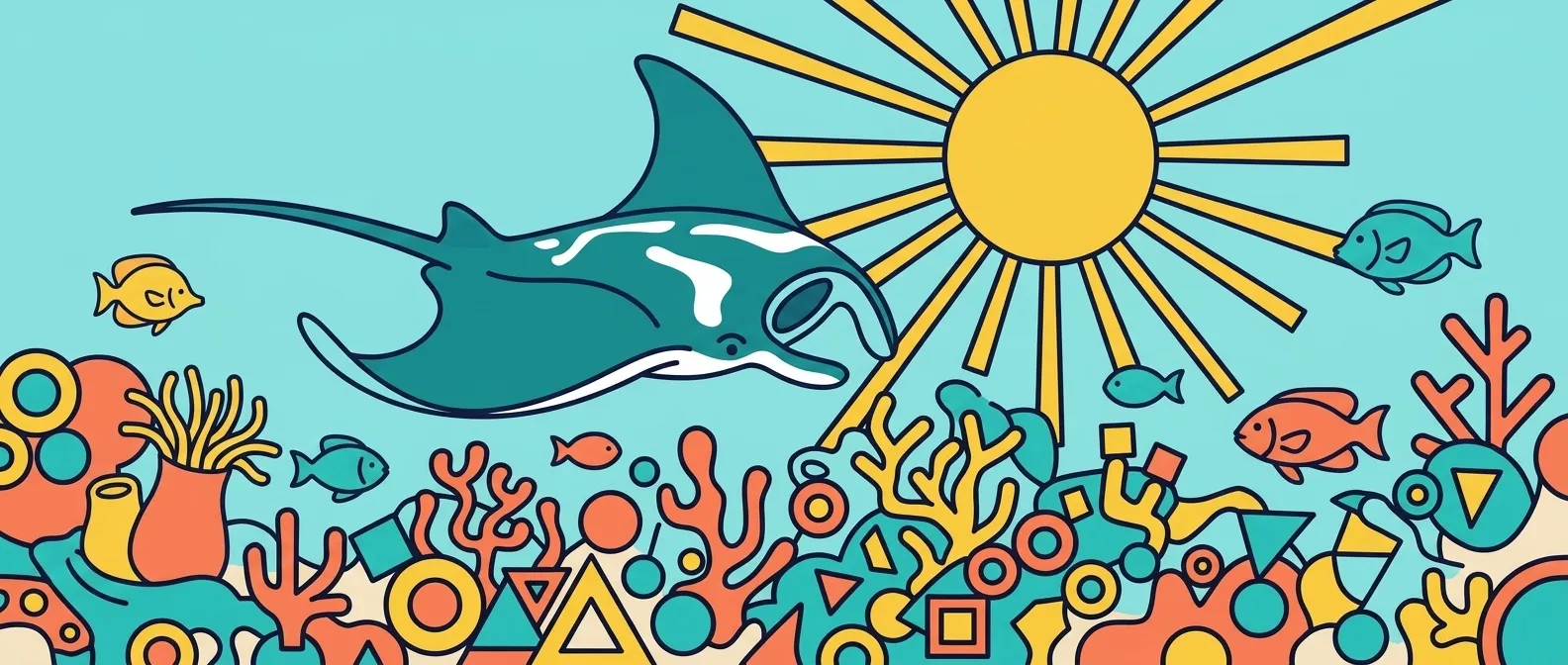 Illustrated manta ray gliding over a colourful Ningaloo reef