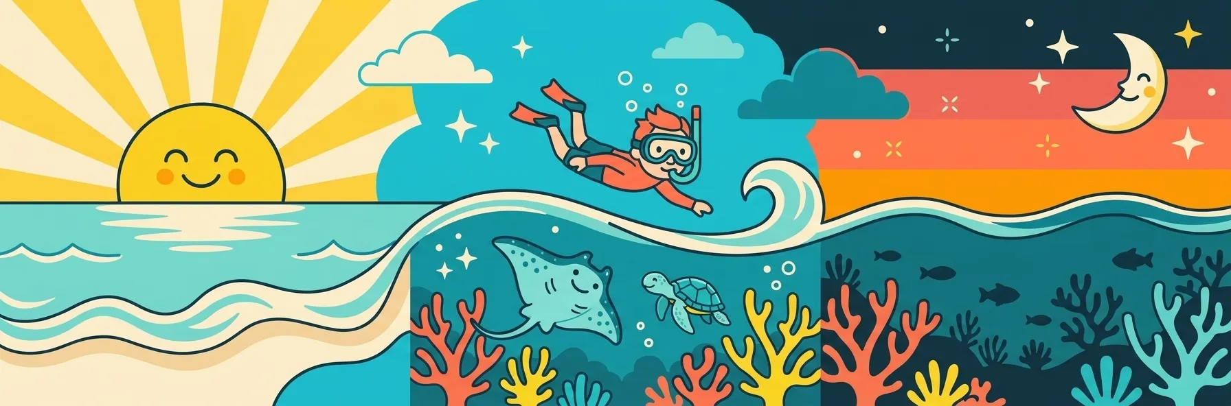 Illustrated day on the reef, dawn to night — a smiling rising sun, a snorkeller over a manta ray and turtle at midday, and a crescent moon over the sunset
