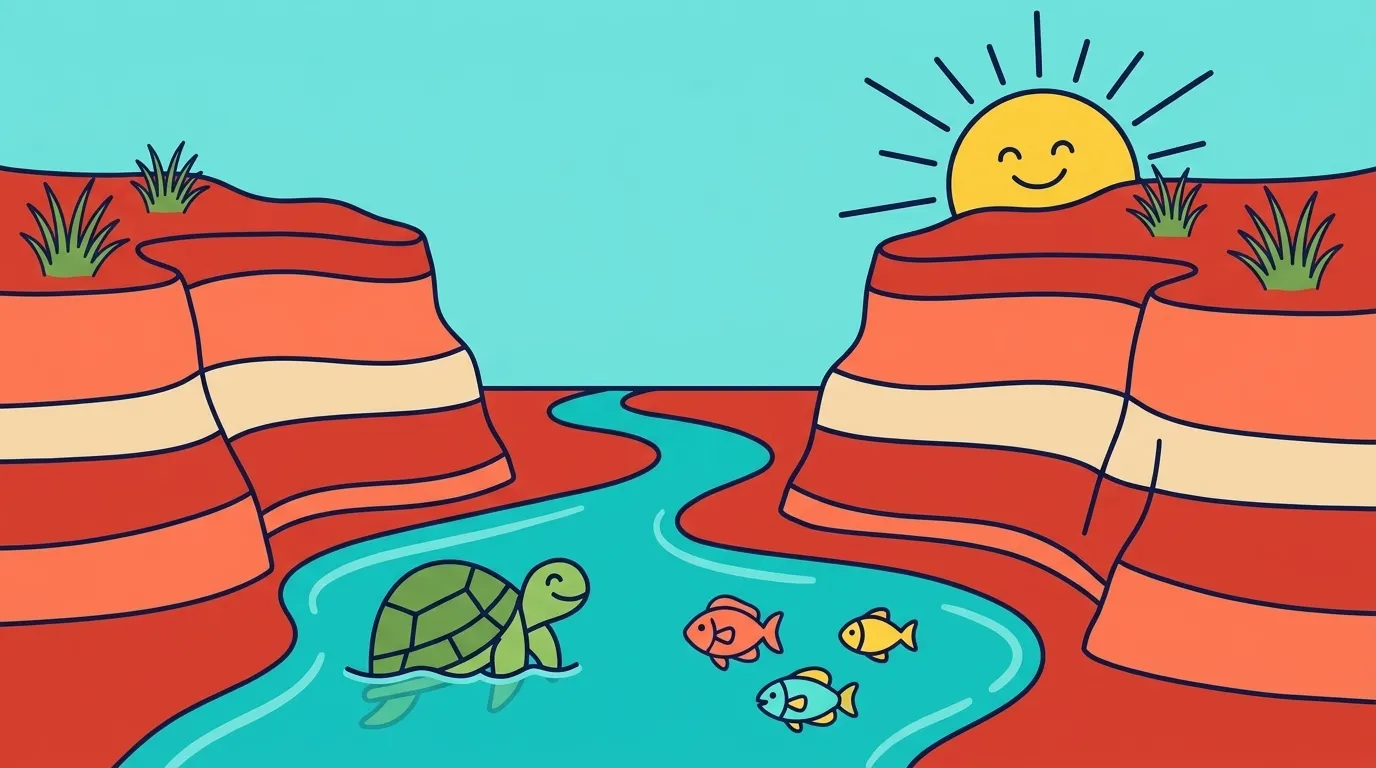 Illustration of a red-rock Cape Range gorge with a turquoise creek, a sea turtle and reef fish