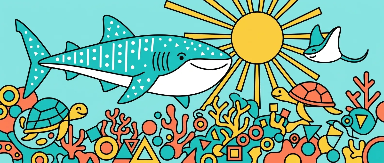 Illustrated whale shark gliding over a colourful Ningaloo reef