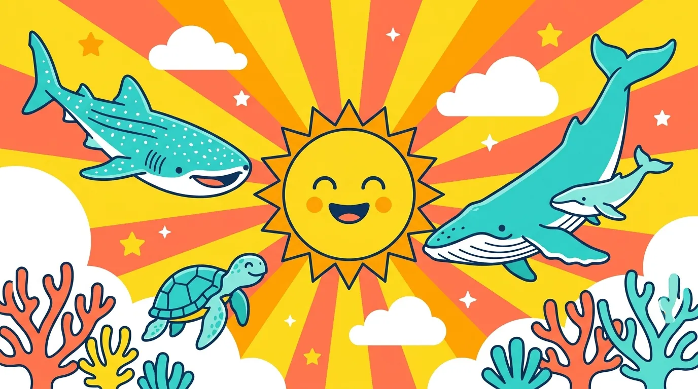 Illustrated Ningaloo seasons — a smiling sun, whale shark, humpback whale, turtle and coral